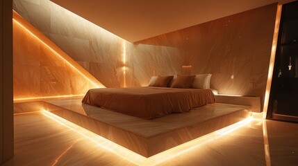 Bedroom with a contemporary, low-profile bed, geometric accents, and soft lighting.