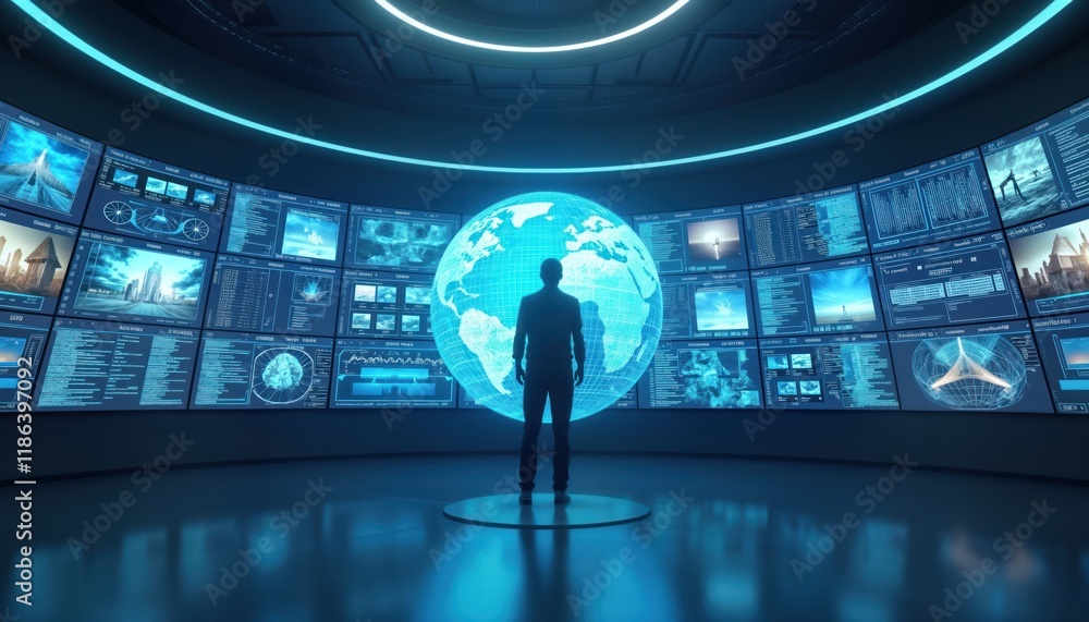 Aufkleber Person stands in futuristic data monitoring room. Screens display global data, info. Person views global information network. Modern tech room shows global surveillance, connections. Cyber space