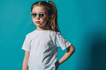 portrait of little girl in white t-shirt and sunglasses on blue background