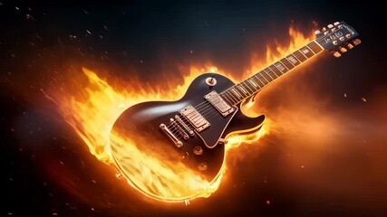 An electric guitar bursts into flames during an electrifying live performance at a music festival, captivating the audience with its fiery display