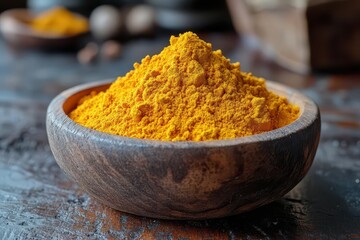 exotic yellow turmeric powder close-up in vintage wooden bowl with aromatic spices and traditional healing ingredients