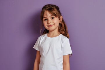 Portrait of a little girl in a white t-shirt on a purple background