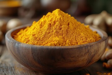 exotic yellow turmeric powder close-up in vintage wooden bowl with aromatic spices and traditional healing ingredients
