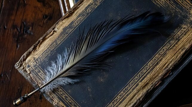 a dark blue feather quill pen rests on an antique book with gold leaf detailing