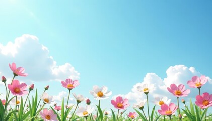 Fototapeta premium Small white and pink flowers on a light blue sky with a few clouds, bloom, tiny flowers