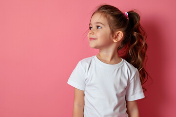 Cropped view of little girl in white t-shirt isolated on pink