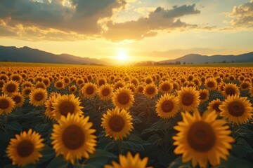 Obraz premium expansive golden sunflower field stretching to horizon under dramatic sunset sky with warm light filtering through delicate yellow petals