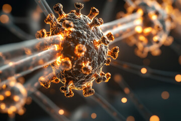 A close-up view of a virus, showcasing its structure with spiky proteins and glowing elements, emphasizing its intricate design and microscopic detail.