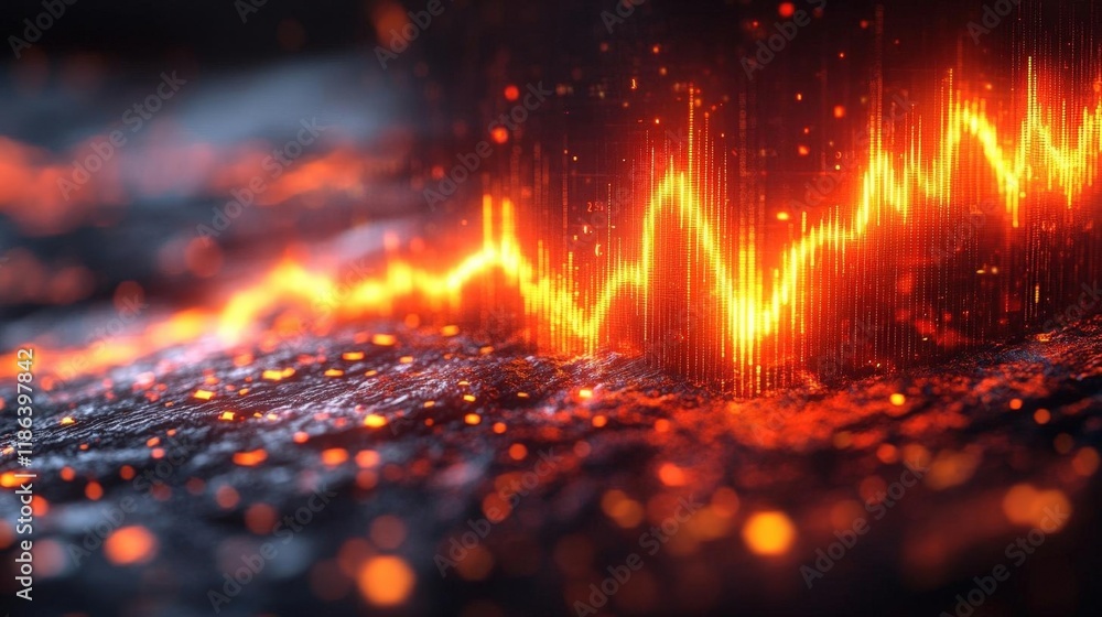 Aufkleber abstract digital data visualization: fiery orange wave chart on dark background