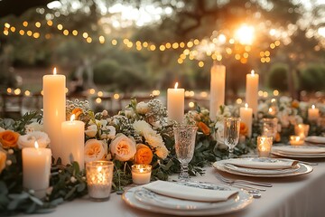 Wedding table setting decorated with candles and flowers at sunset