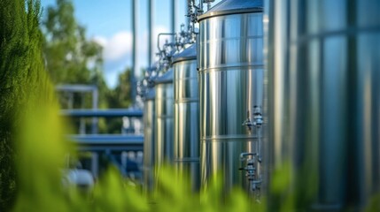 Stainless Steel Brewing Tanks:  A row of gleaming stainless steel tanks, symbolizing the precision and dedication behind the craft brewing process, stands amidst a backdrop of lush greenery.
