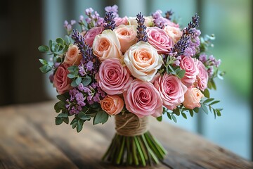 Fototapeta premium A beautiful bouquet of pink roses and lavender tied with twine