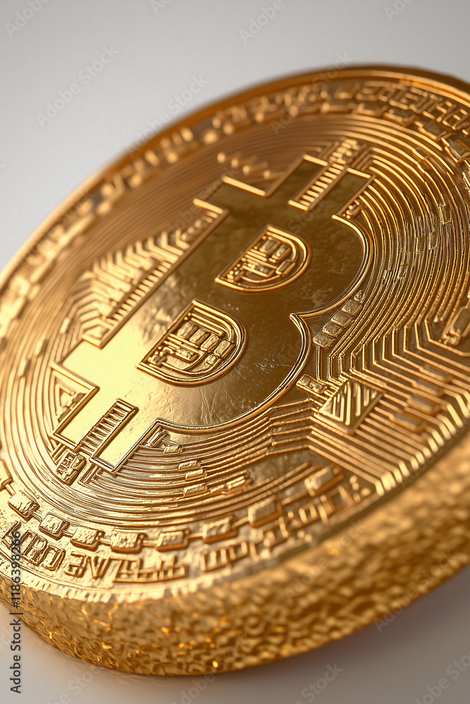 Poster bitcoin closeup: a close-up shot of a gleaming gold bitcoin, highlighting its intricate details and 