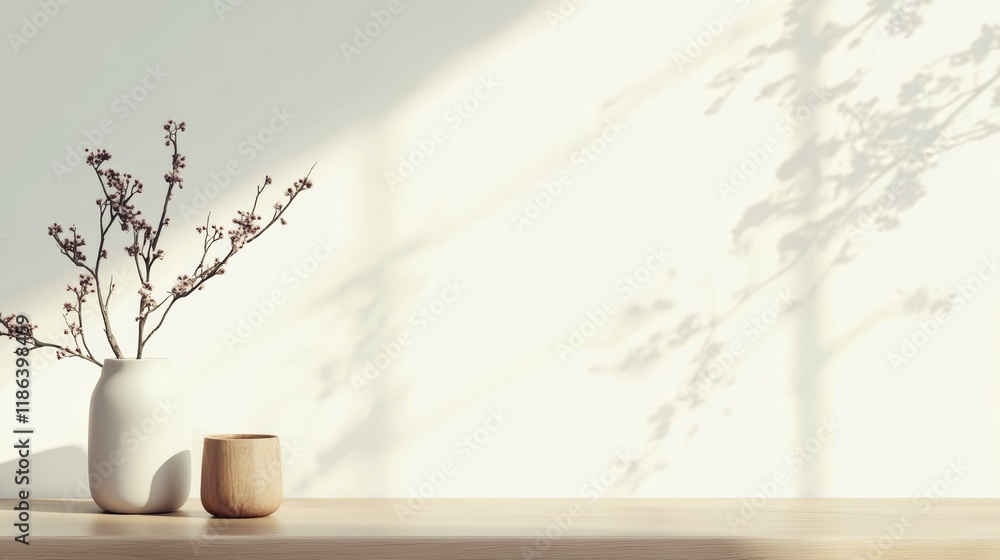 Poster sunlight illuminates a minimalist kitchen counter featuring a white vase with decorative branches, a