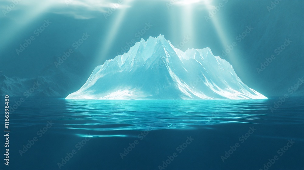 Poster a luminous iceberg floating in tranquil waters, illuminated by soft rays of sunlight.