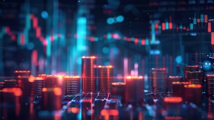 High-tech financial space with 3D charts, coins, cash, stock tickers, exchange rates, and a futuristic design symbolizing wealth