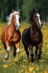 Obraz premium Majestic Run: Two magnificent horses, a chestnut and a dark bay, gallop freely across a vibrant yellow meadow, their manes flowing in the wind. A breathtaking display of equine grace and freedom. 