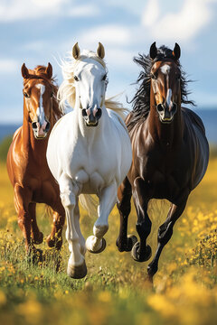 Three Majestic Horses Galloping Across a Field 