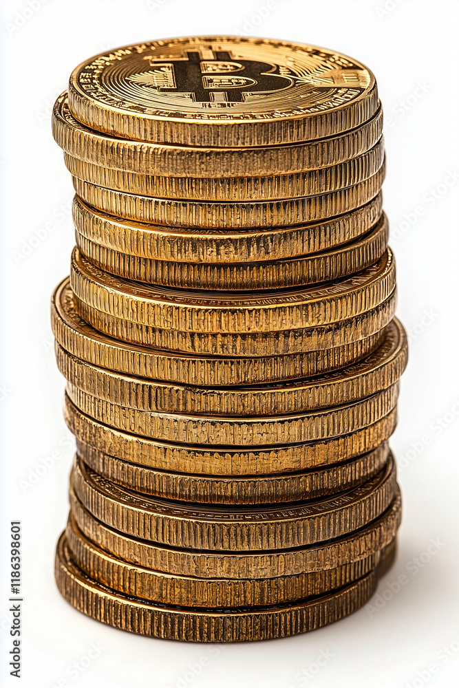 Poster bitcoin stack: a close-up of a stack of gold bitcoin coins, representing the growth and value of cry