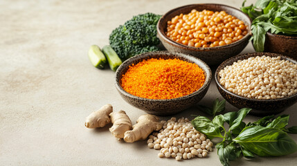 Nourishing Bowls: A vibrant spread of lentils, quinoa, and broccoli in rustic bowls, complemented by fresh ginger and basil, evokes a sense of healthy eating and wellbeing.