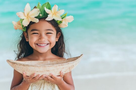 Joyful Chamorro Child on Beach Celebrating Guam Discovery Day, World Heritage Day, and Childrens Day