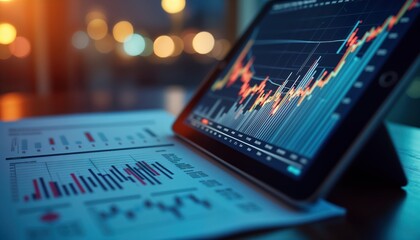 Digital financial graph on tablet displays business growth analysis. Printed quarterly reports alongside. Comparative analysis clear. Modern financial tech. Business trends. Growth projections