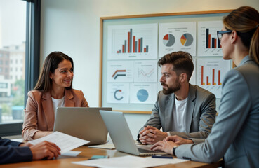 Obraz premium Business people in meeting room. Team reviewing data on laptops. Discussing projects. Collaboration, teamwork visible. Pro atmosphere in modern office. Focused discussion on work. Charts, graphs