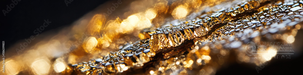 Poster macro photograph of gold-colored crystalline structure with bokeh background