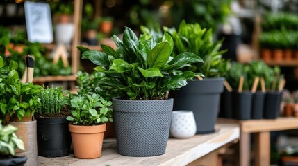 Rows of lush potted plants and stylish ceramics create a vibrant sensory oasis in a bustling garden shop.
