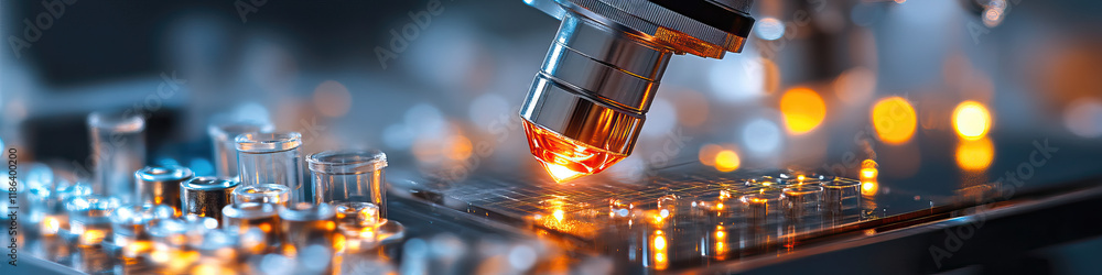 Poster microscope objective lens over illuminated sample and test tubes