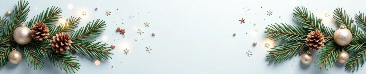 Sparkling white garland with fir branches and pinecones, Christmas border, snowflake, festive colors