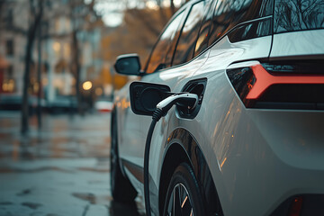 Electric car vehicle charging on street station connected to cable close up detail from side. EV and green sustainable energy.