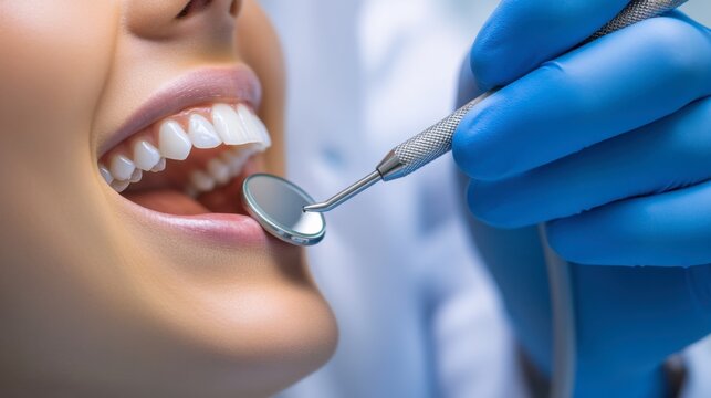 Dental Checkup: Close-up of a dentist's gloved hand using a mirror to examine a patient's healthy and gleaming smile, highlighting the importance of regular dental care.  