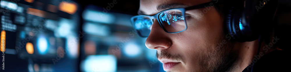 Poster man with headphones and glasses viewing computer screen data