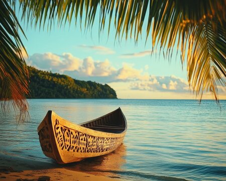 Serene Coastal Scene on Guam History and Chamorro Heritage Day Traditional Canoe at Sunset