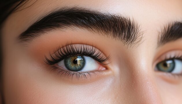 Stunning Female Eyes With Long Lashes In Close-Up During An Eyelash Extension Procedure. A Glimpse Into Beauty Enhancement.