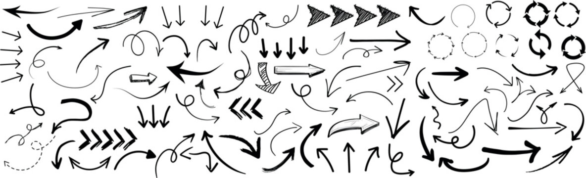 Hand drawn arrow set featuring curved, straight, dotted, and swirled arrows design, arrow vector  for creative design, presentations, infographics, and decorative purposes