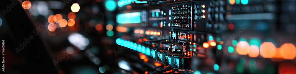 Aufkleber server rack with illuminated components and city lights background