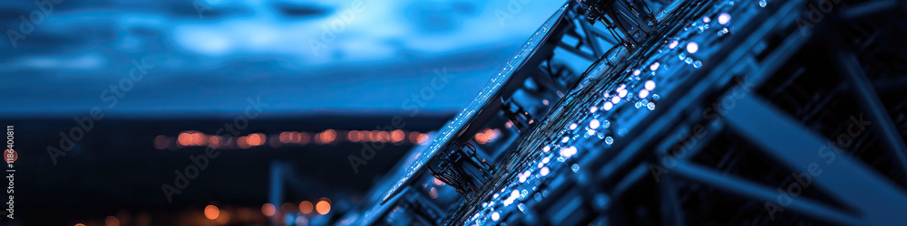 Poster close-up of illuminated technological structure at dusk