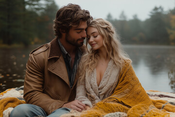 Fototapeta premium Romantic couple cuddling by a lake in autumn.