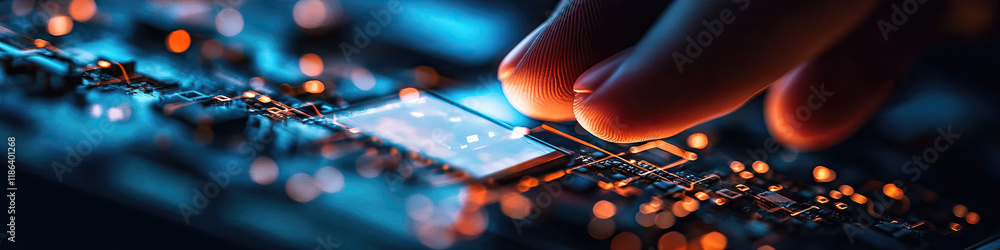 Poster fingertip contacting illuminated microchip on circuit board