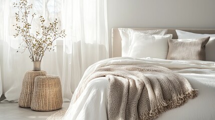 Sleek and modern bedroom with minimalistic decor, crisp white bedding, and metallic accents.