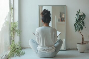 Person reciting positive affirmations in front of a mirror to boost self-esteem and well-being in a serene indoor environment