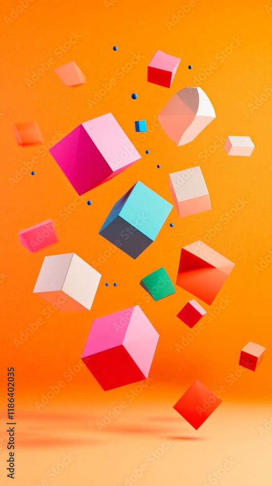 Aufkleber Abstract composition featuring colorful cubes and small spheres floating against a vibrant orange backdrop, creating a dynamic and playful visual experience