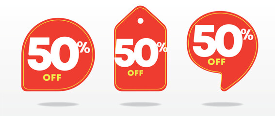 50% off. Tag sticker, value, offer, price. Set, promo, discount, shop, e-commerce. Business, sale, red balloon, sign. Ads, marketing, social. Poster, vector, icon, coupon