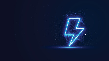 Futuristic glowing lightning bolt with plexus lines and glitter particles. The thunderbolt in the neon light style. Digital technology background