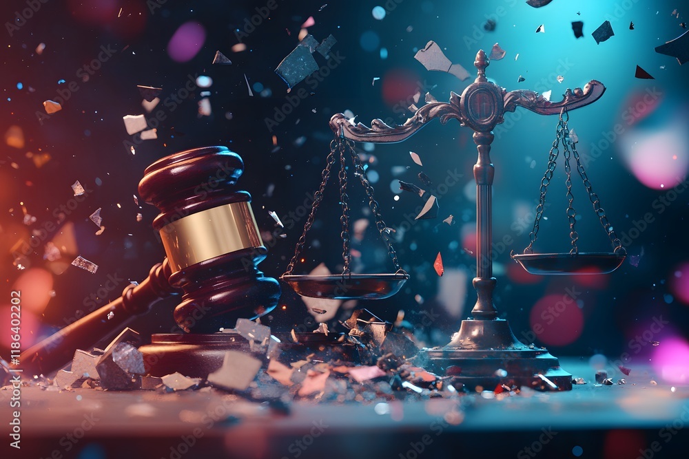 Poster a high-resolution shot of a broken legal scale with the gavel in the foreground, blurred lights repr