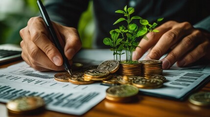 A person meticulously plans financial investments, symbolized by flourishing plants sprouting from stacks of coins, signifying growth and prosperity.