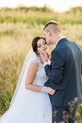 A bride and groom are hugging in a field. The bride is wearing a white dress and the groom is wearing a blue suit