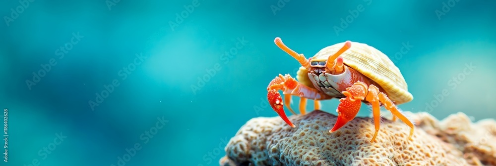 Poster tiny orange hermit crab with its shell standing on a coral reef in turquoise blue water, creating a 